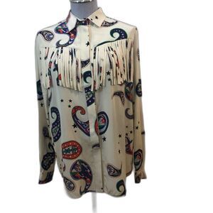 MSGM long sleeved button down blouse cream with paisley and fringe; US sz 6